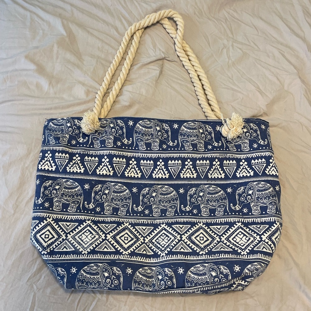 Elephant Print Tote Bag Blue and White with Rope Strap Detail
